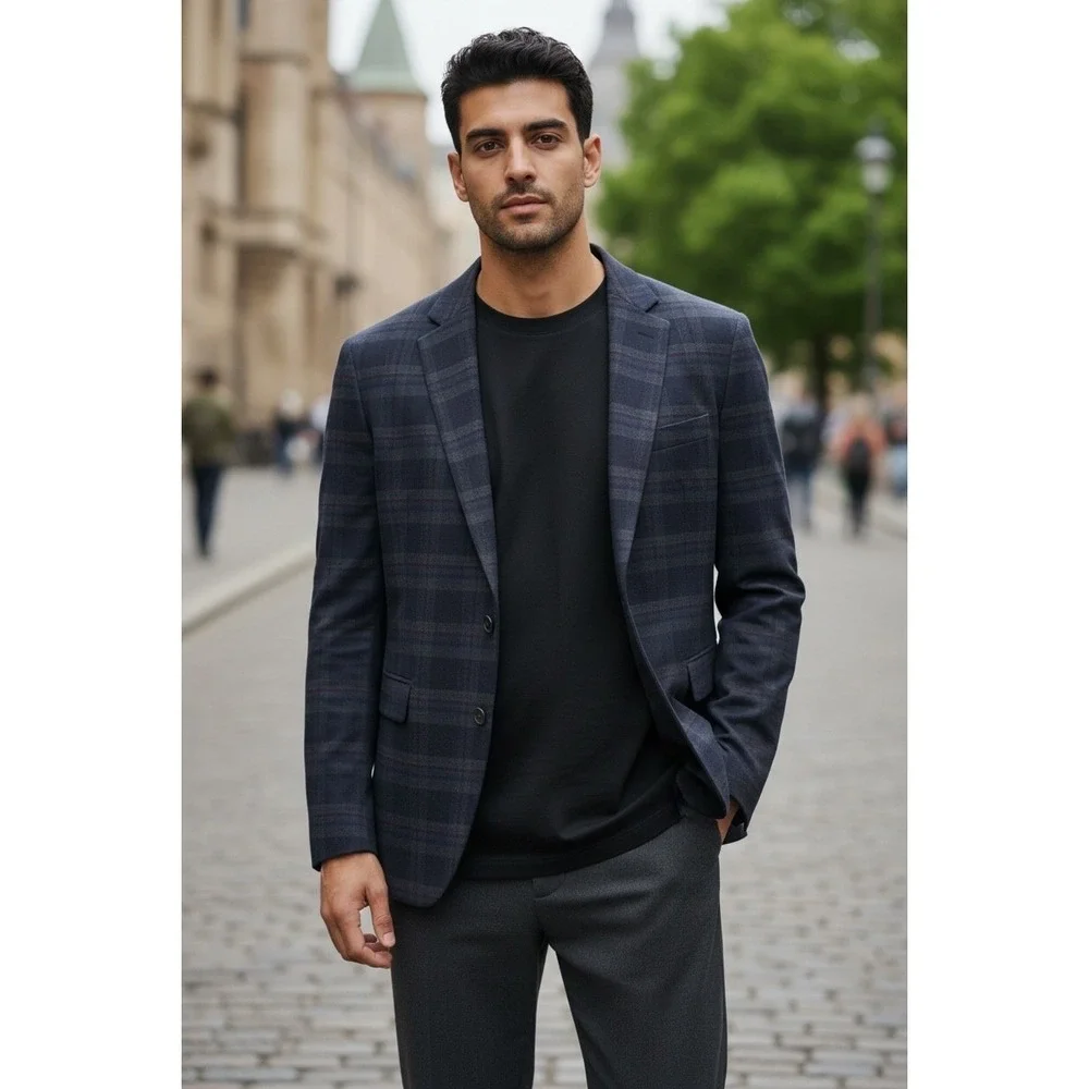 Tommy Hilfiger Mens Navy Blue Plaid Corduroy Sport Coat Blazer 43R